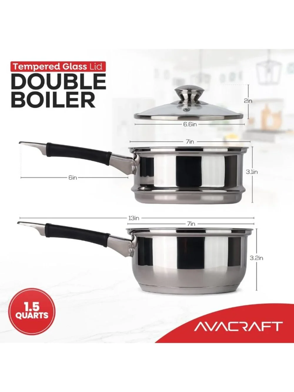 1.5 Quart Stainless Steel Double Boiler with Glass Lid - Perfect for Melting